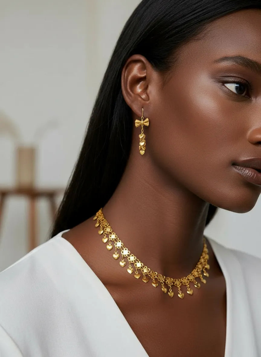 Gold Heart Charm Necklace & Bow Drop Earrings Set – Festive Elegant Jewelry for Women | Yumi Jewels