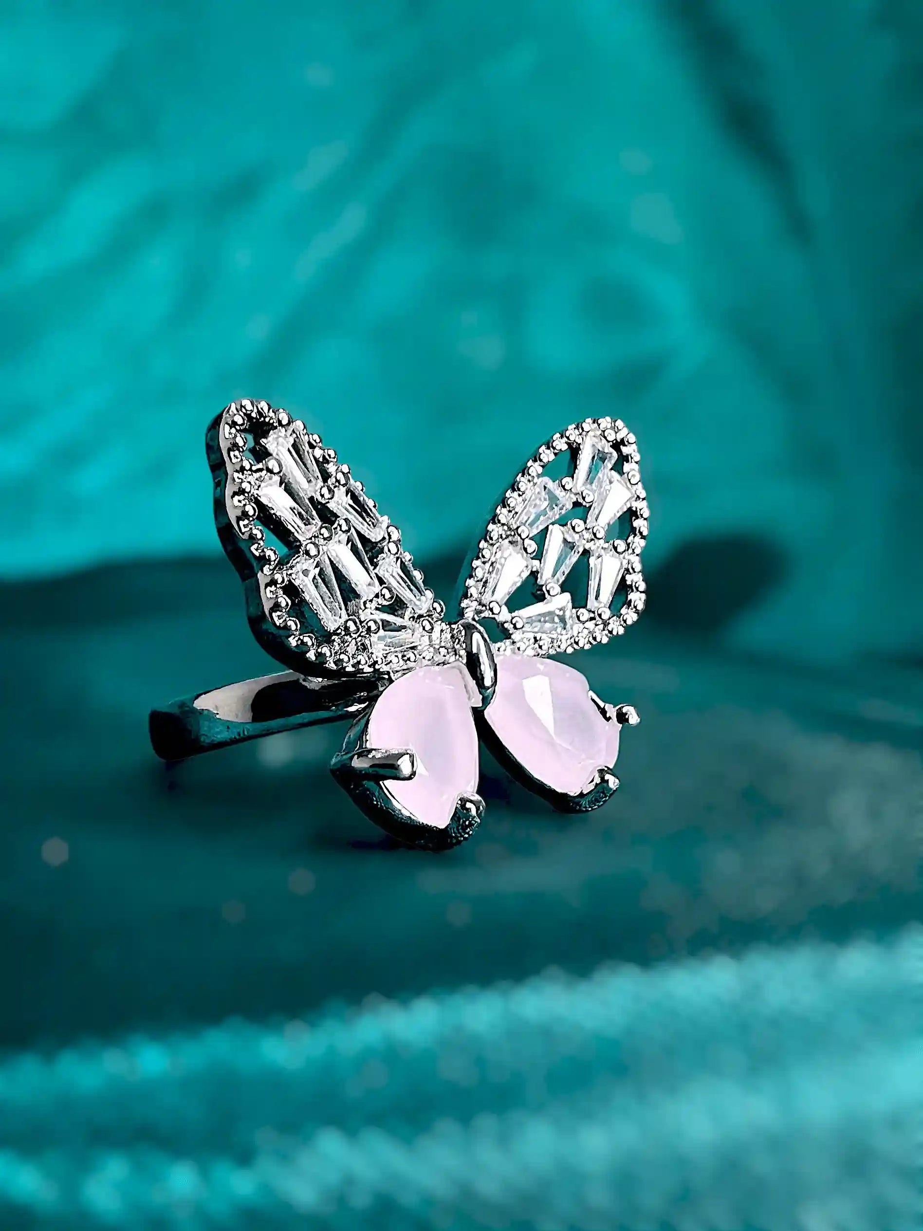 Elegant Silver-Plated Butterfly Ring with Pink Heart Stones – Adjustable Women’s Jewelry | Yumi Jewels