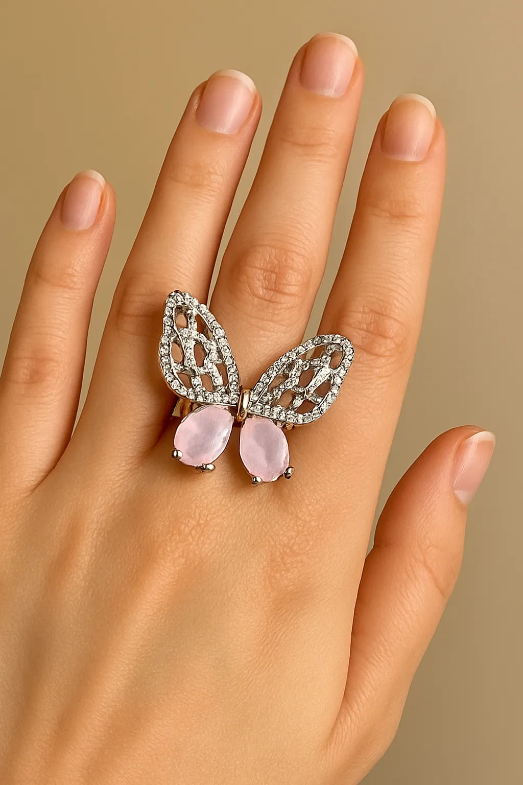 Elegant Silver-Plated Butterfly Ring with Pink Heart Stones – Adjustable Women’s Jewelry | Yumi Jewels