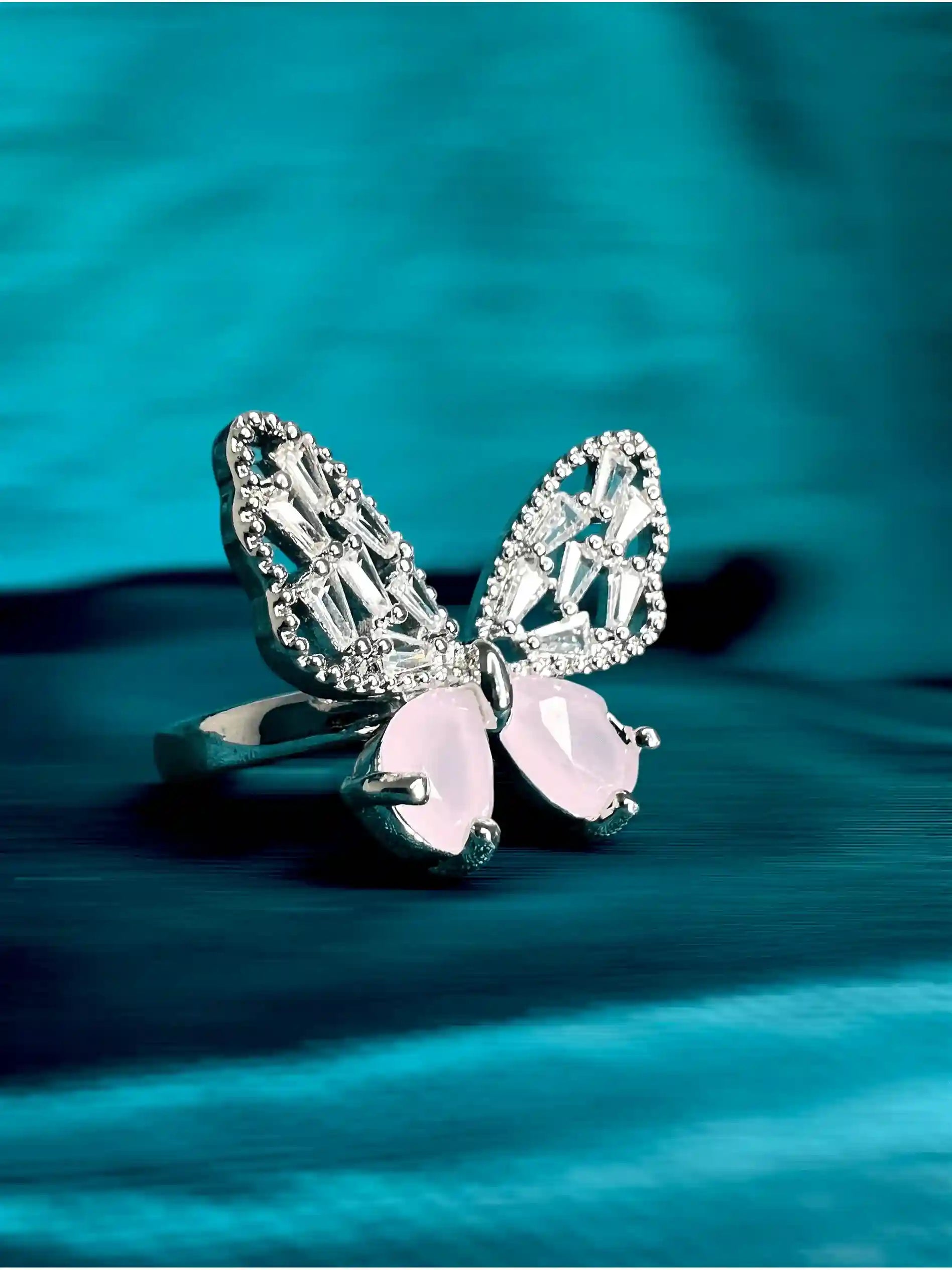Elegant Silver-Plated Butterfly Ring with Pink Heart Stones – Adjustable Women’s Jewelry | Yumi Jewels