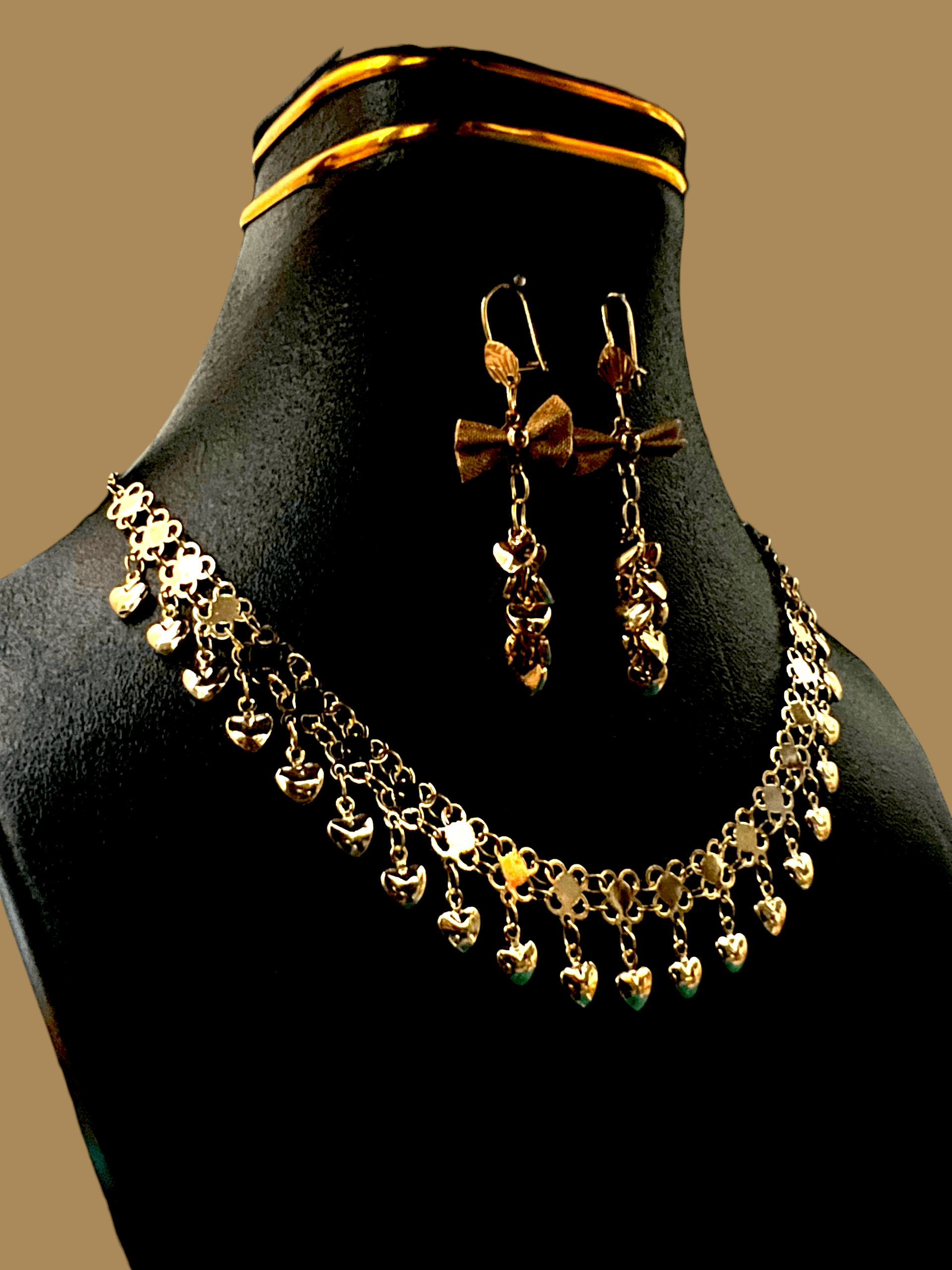 Gold Heart Charm Necklace & Bow Drop Earrings Set – Festive Elegant Jewelry for Women | Yumi Jewels
