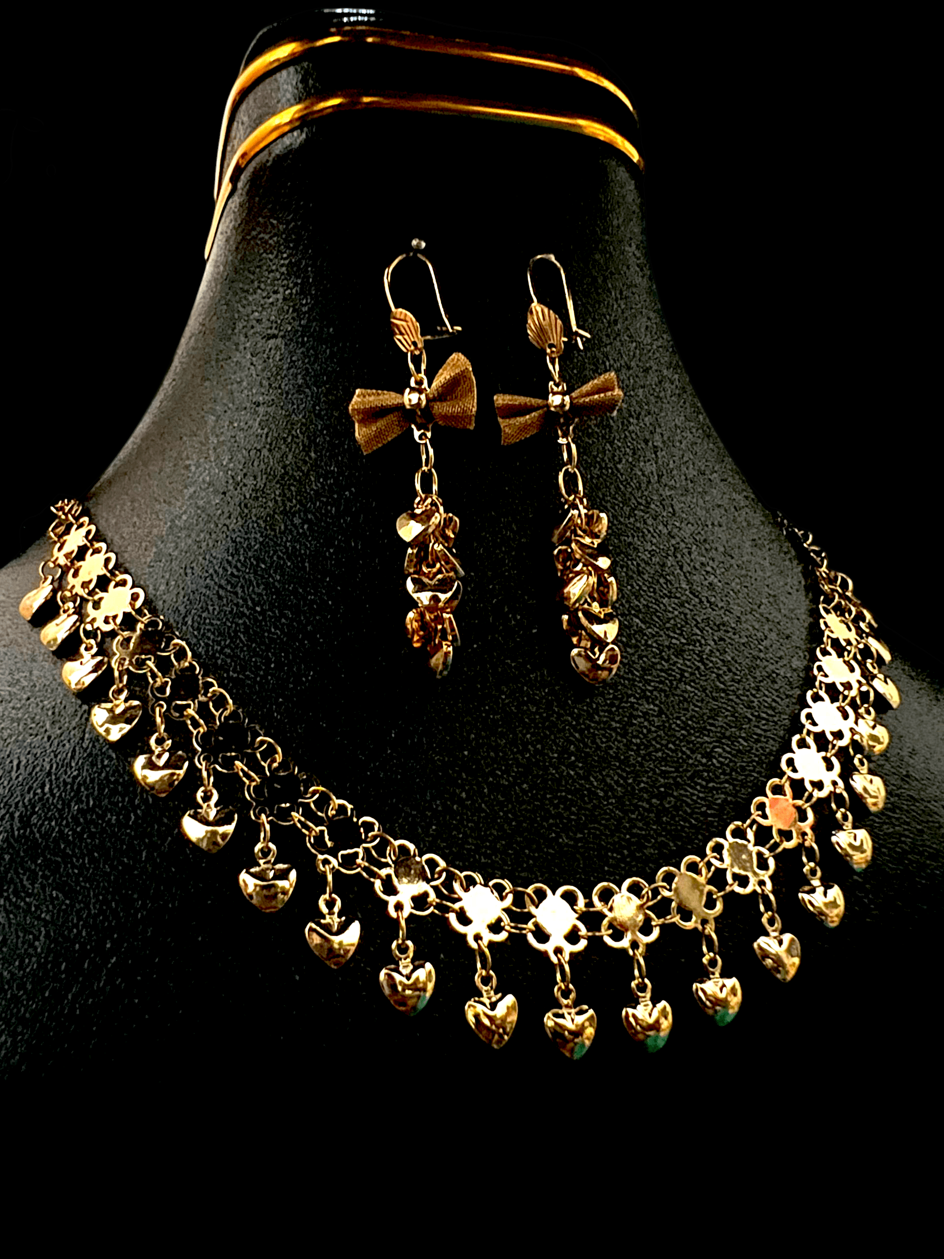 Gold Heart Charm Necklace & Bow Drop Earrings Set – Festive Elegant Jewelry for Women | Yumi Jewels