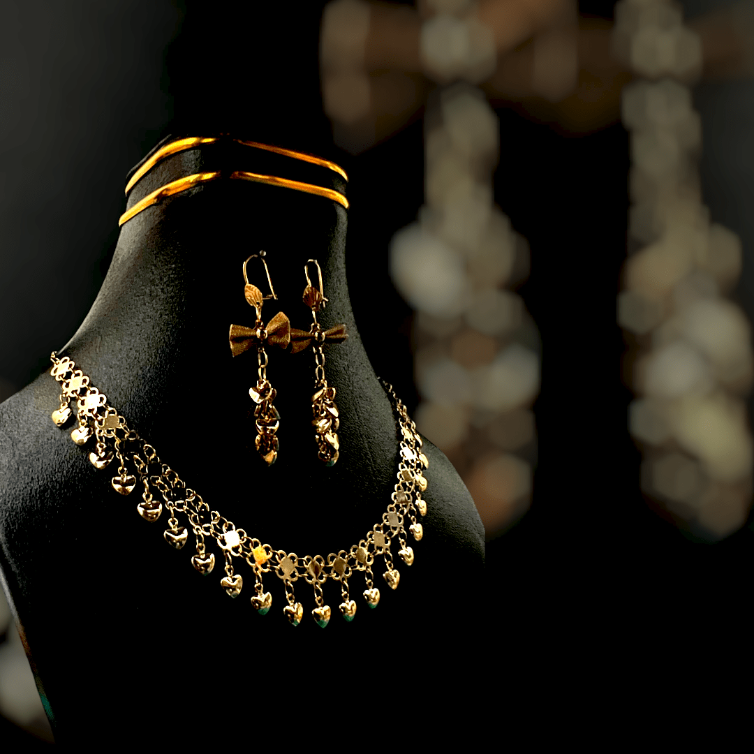 Gold Heart Charm Necklace & Bow Drop Earrings Set – Festive Elegant Jewelry for Women | Yumi Jewels