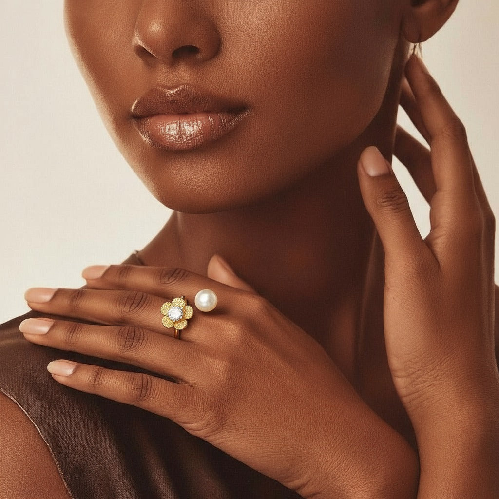 Gold-Plated Adjustable Pearl & Crystal Flower Ring for Women | Yumi Jewels Pakistan