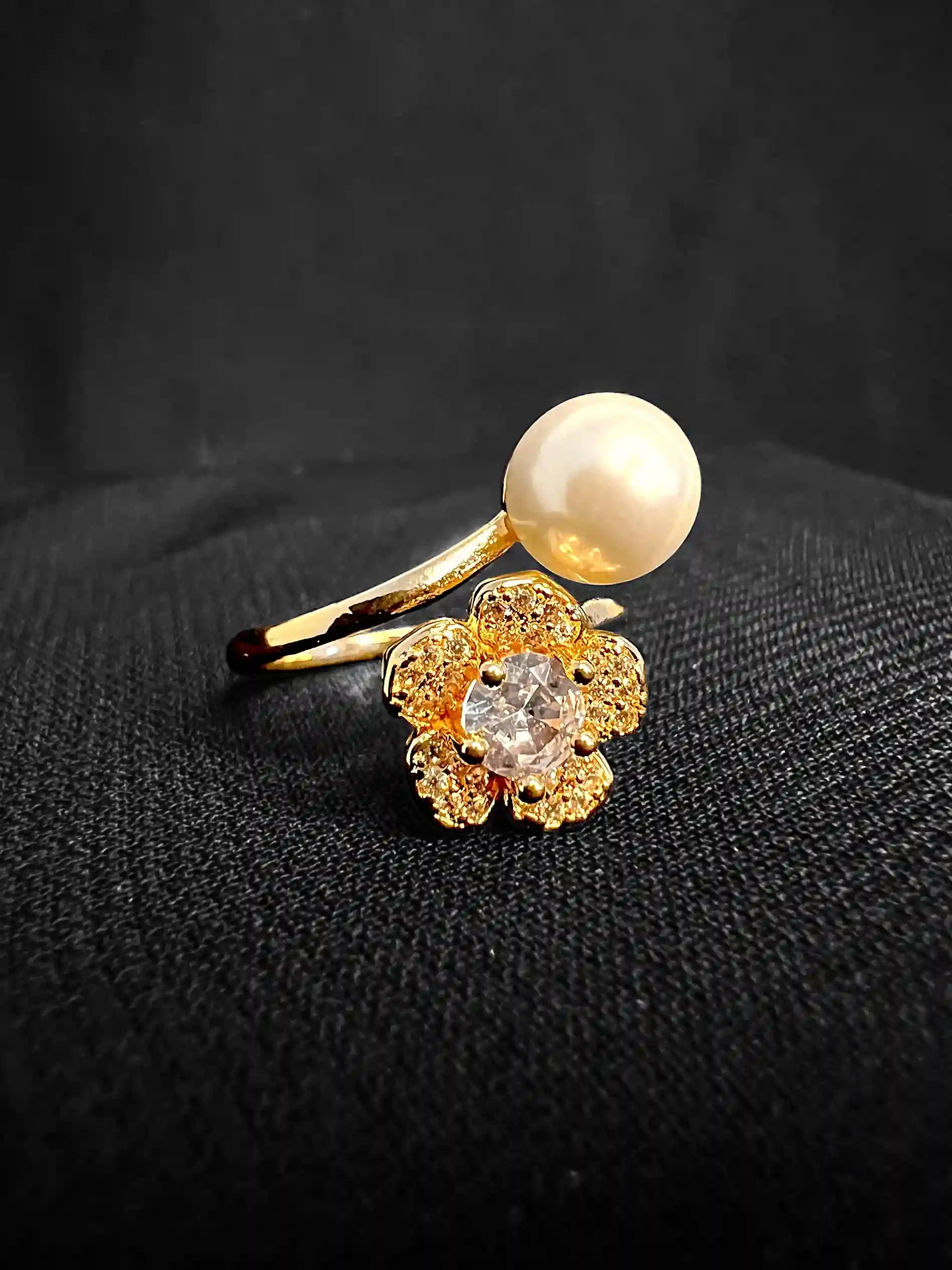 Gold-Plated Adjustable Pearl & Crystal Flower Ring for Women | Yumi Jewels Pakistan