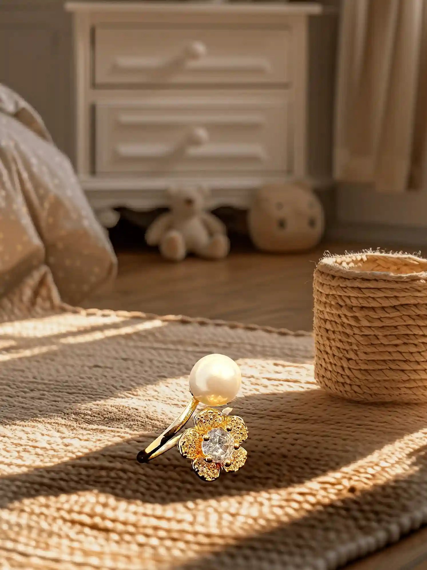 Gold-Plated Adjustable Pearl & Crystal Flower Ring for Women | Yumi Jewels Pakistan