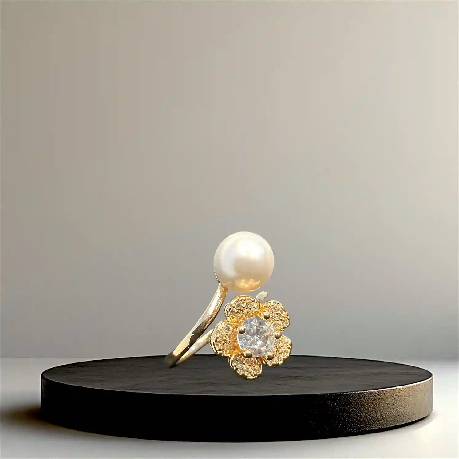 Gold-Plated Adjustable Pearl & Crystal Flower Ring for Women | Yumi Jewels Pakistan