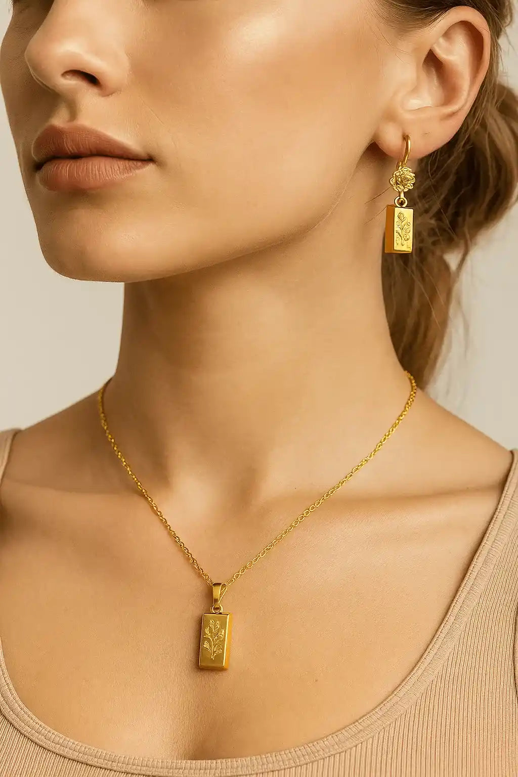 Gold-Plated Floral Pendant & Earrings Set – Elegant Rose Design Jewelry for Women | Yumi Jewels