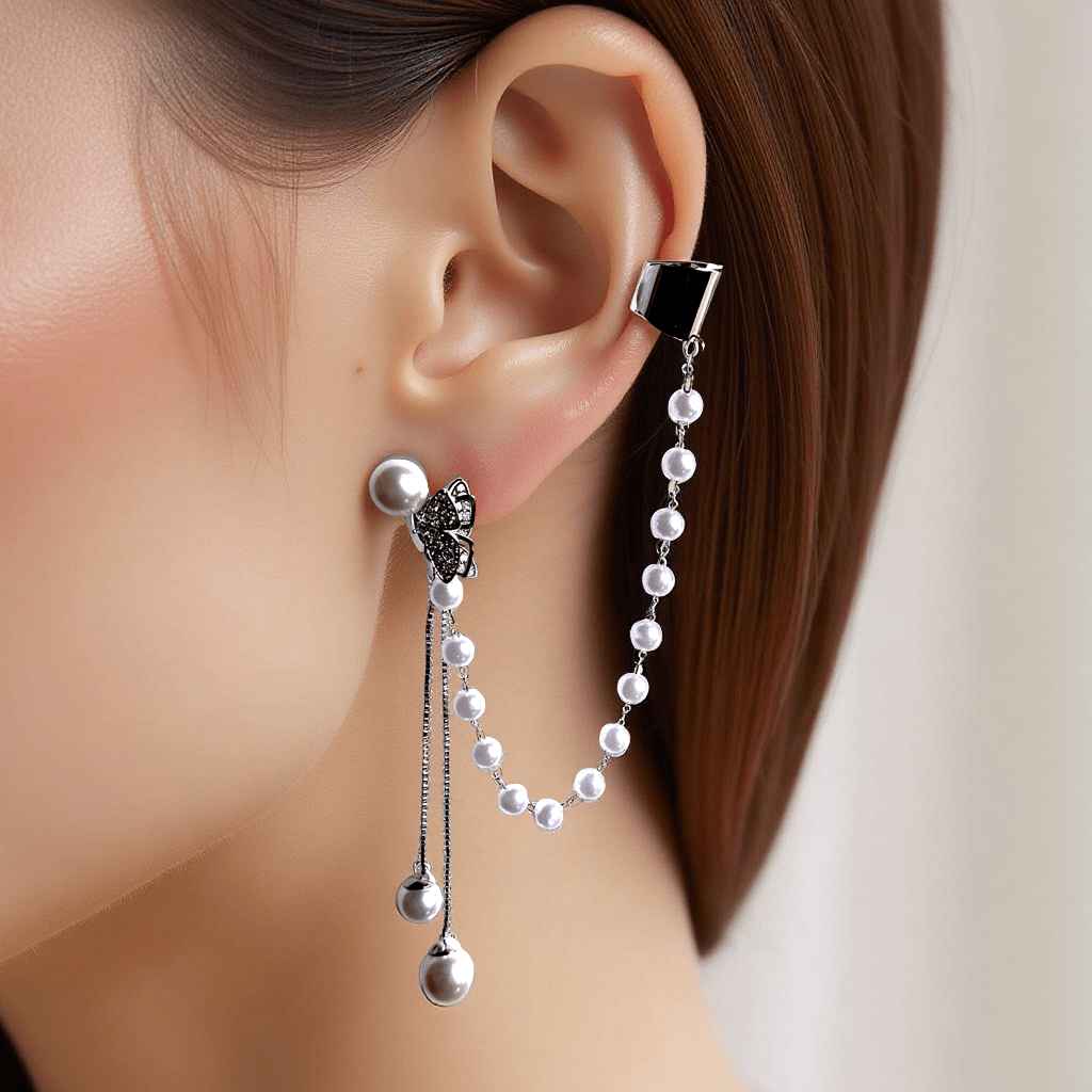 PearlaLink Butterfly Pearl Chain Cuff Earring – Silver-Tone Statement Jewelry | Yumi Jewels