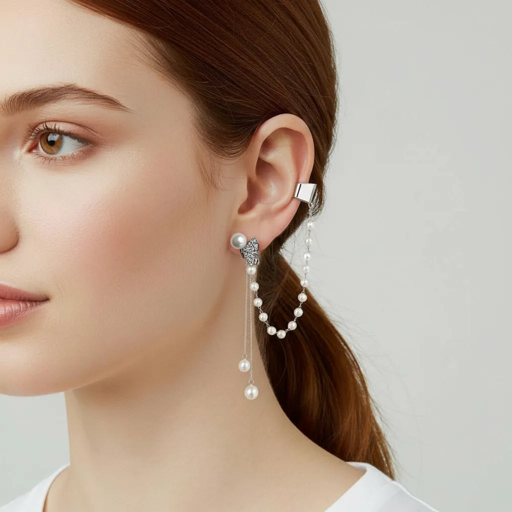 PearlaLink Butterfly Pearl Chain Cuff Earring – Silver-Tone Statement Jewelry | Yumi Jewels
