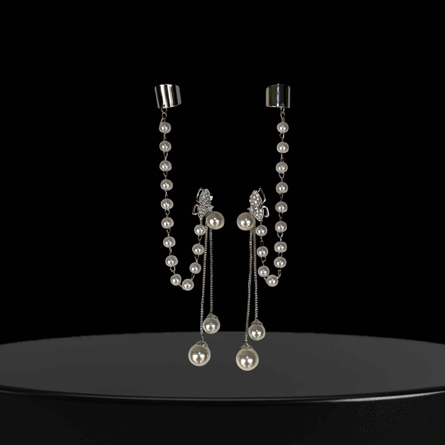 PearlaLink Butterfly Pearl Chain Cuff Earring – Silver-Tone Statement Jewelry | Yumi Jewels