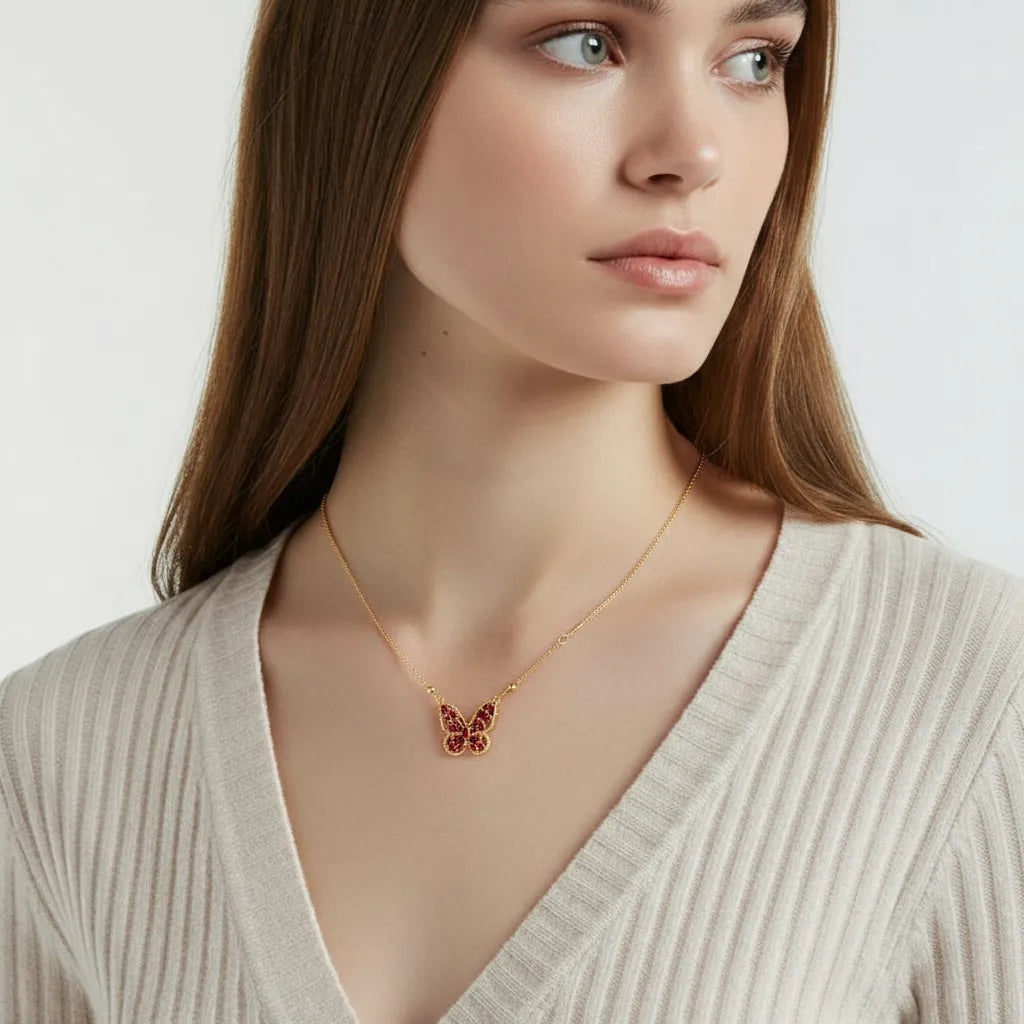 Royal Ruby Butterfly Pendant Necklace – Gold-Tone Crystal Jewelry for Women | Yumi Jewels