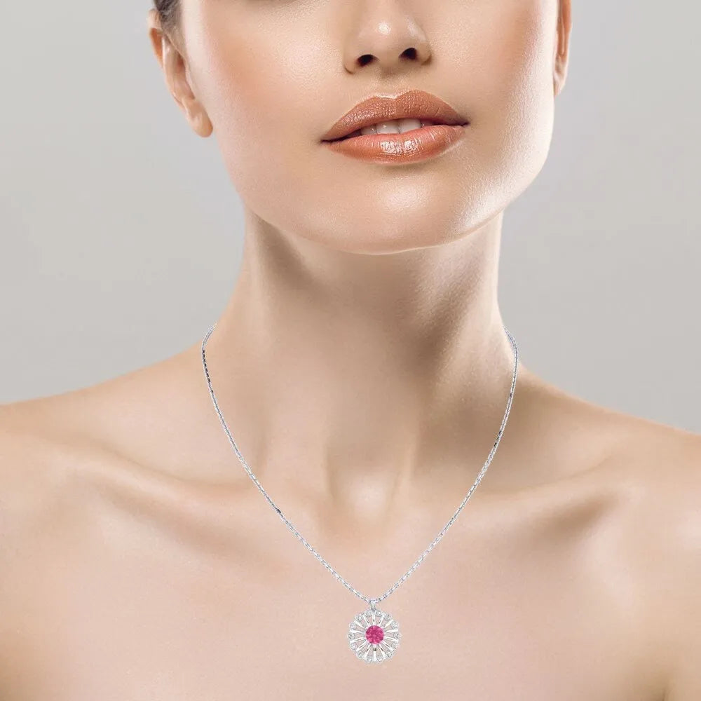 Ruby Bloom Silver Pendant Necklace – Elegant Floral Design with Ruby Stone | Yumi Jewels